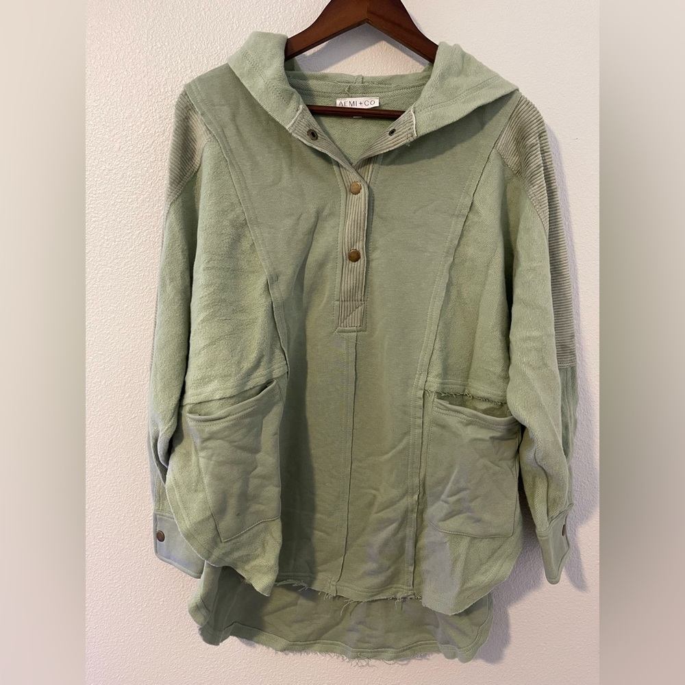 Olive Green Women's Oversized Hoodie with Button Accents - Picture 3 of 10